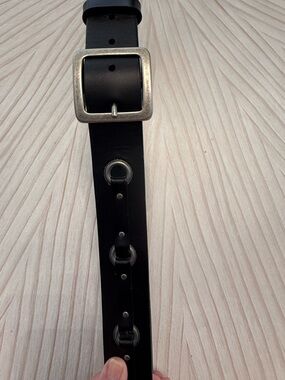 Kenneth Cole Black Leather Belt with Square Metal Buckle and Eyelet Details